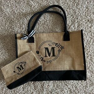 Monogrammed Black and Tan Tote Bag Set